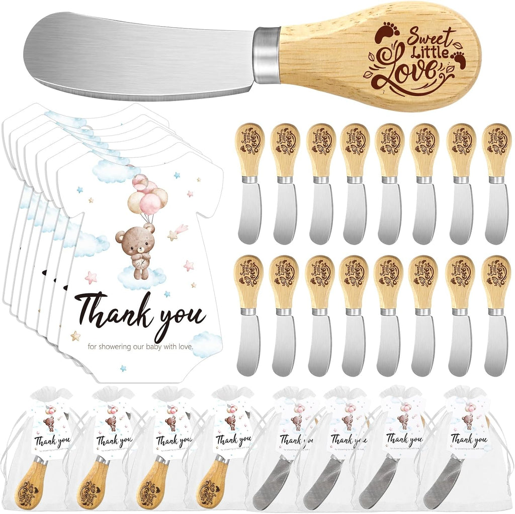 ERTIUANIO 20 Sets Baby Shower Favors Bulk, Baby Showerl Gifts for Guests Game Winner Prizes, Butter Knife with Wood Handle With Thank You Card and Gift Bags for Bridal Shower Wedding Favors