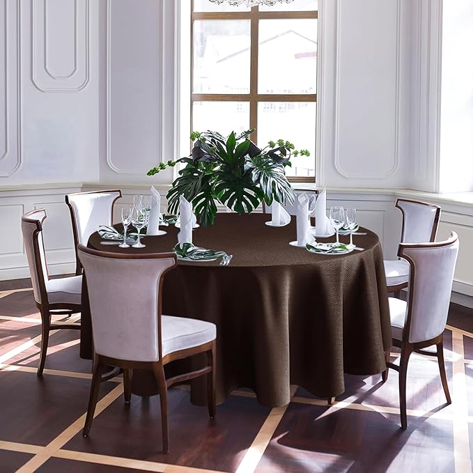 Biscaynebay Textured Fabric Round Tablecloths 90", Brown Water Resistant Table Cloths Circle Folding Table Covers Linen for Dining, Kitchen, Wedding, Parties etc. Machine Washable