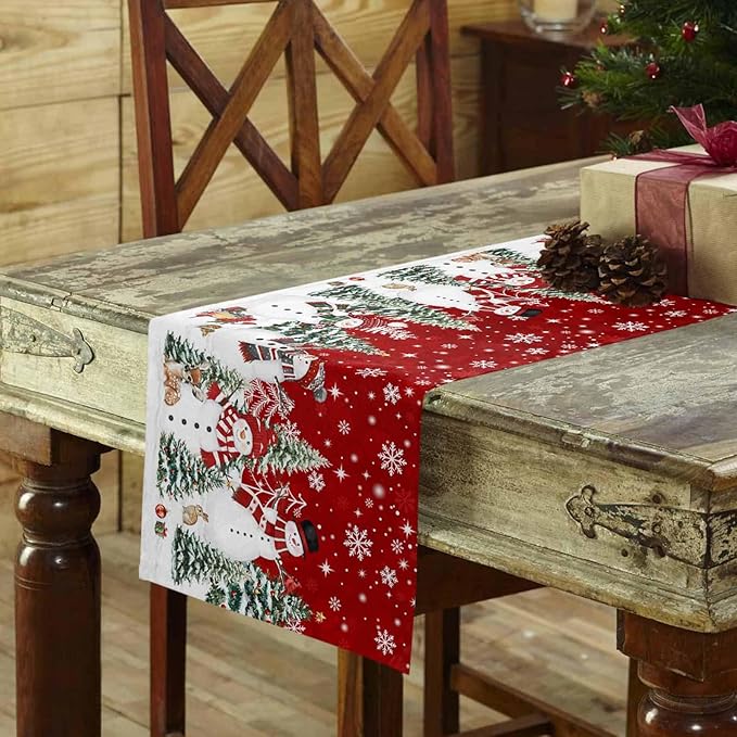 Christmas Snowman Cotton Linen Table Runner for Dining Kitchen, Xmas Tree White Snowflakes Winter Wedding Outdoor Party Tablerunners Decoration, Dresser Scarf Coffee Tablecloth Runners 13x60 Inches