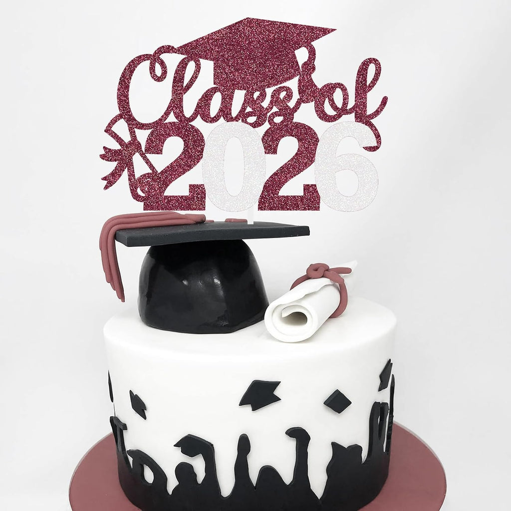 Graduation Cake Topper 2026 Grad Party Decoration Glitter Cap Diploma Food Picks Table Ideas Maroon White