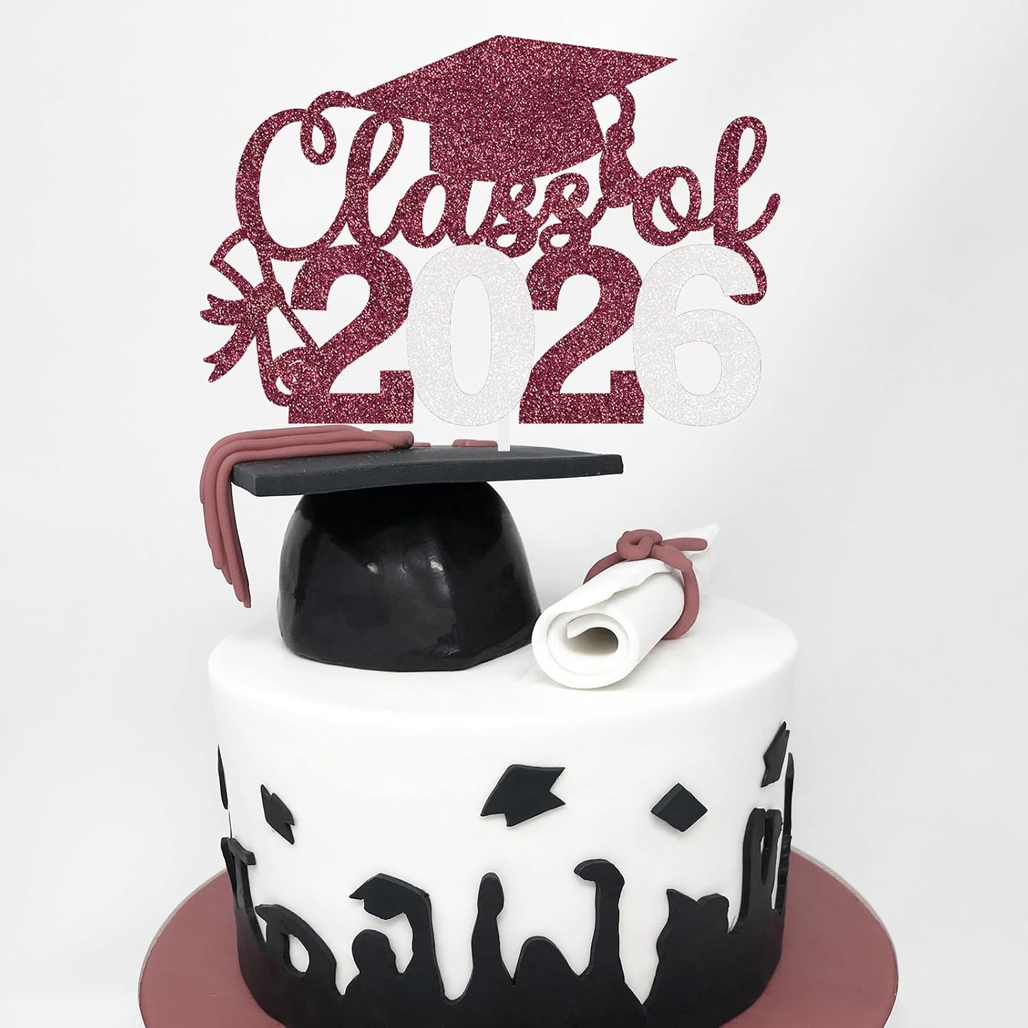 Graduation Cake Topper 2026 Grad Party Decoration Glitter Cap Diploma Food Picks Table Ideas Maroon White