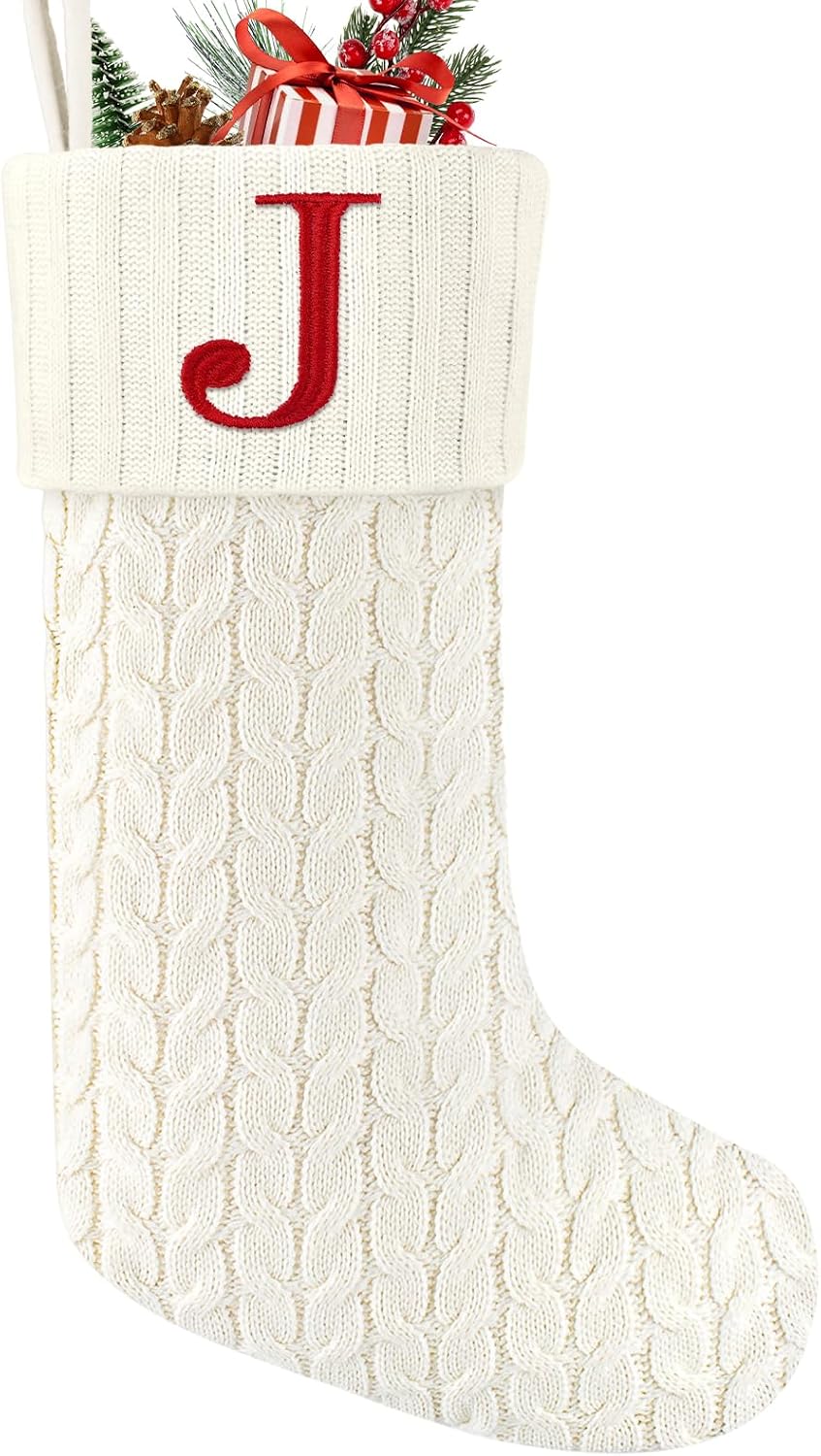 20 Inches Christmas Stockings with Initials,Knit Embroidered Letter White Christmas Stocking,Monogram Christmas Stocking for Famliy Holiday and Xmas Tree Fireplace (Letter-J)