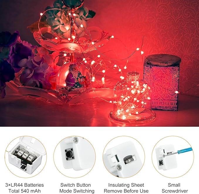 btfarm 12 Pack Fairy Lights Battery Operated [3 Modes], 7ft 20 Led Twinkle Lights String Lights Waterproof Bulk Small Mini Silver Wire for Christmas Mason Jars Wedding Table Centerpiece, Red