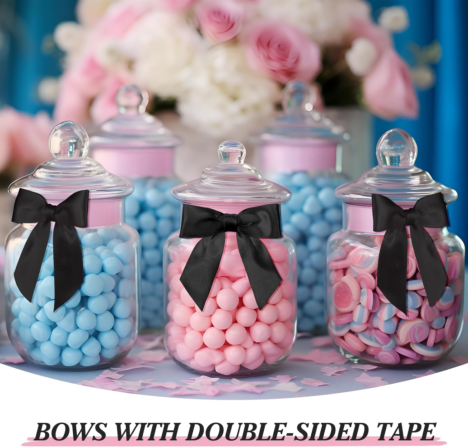 Daifunli 60 Pcs Satin Ribbon Black Bows 3 x 3 Inches Self Adhesive Satin Bows for Gift Wrapping Treat Bags Baby Shower Birthday Party Premade Ribbon Bow with Double Sided Tape for Crafts Gift Wrap