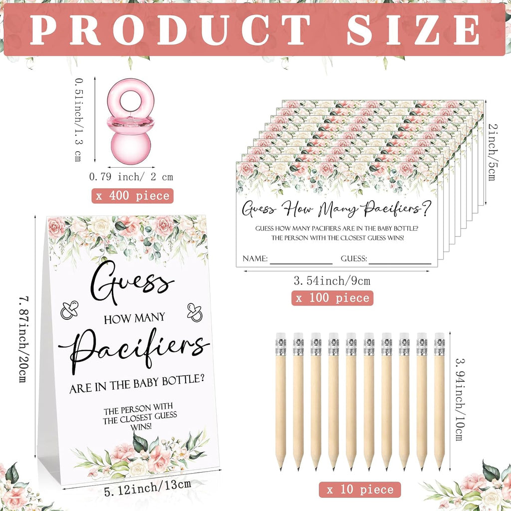 Roowest 512 Pcs Baby Shower Games Guess How Many Pacifiers Sign 100 Small Guessing Games 10 HB Pencils 750ml Milk Bottle 400 Acrylic Pacifiers Decoration for Guest Gender Reveal(Pink,Flower)