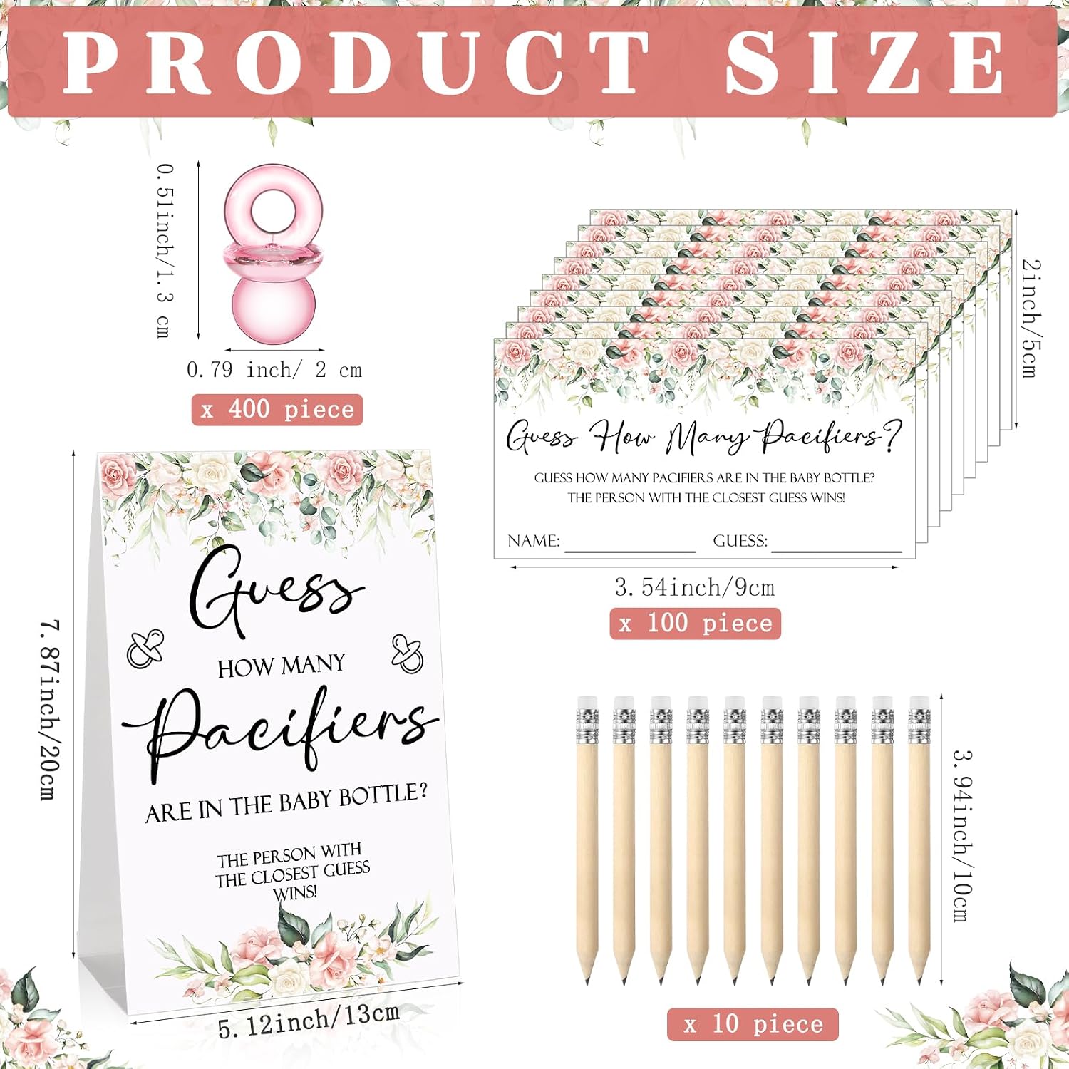 Roowest 512 Pcs Baby Shower Games Guess How Many Pacifiers Sign 100 Small Guessing Games 10 HB Pencils 750ml Milk Bottle 400 Acrylic Pacifiers Decoration for Guest Gender Reveal(Pink,Flower)
