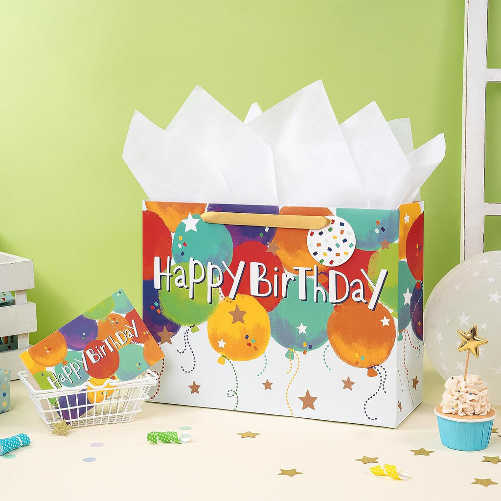 Loveinside Colorful Birthday Gift Bag, Balloons Pattern with HAPPY BIRTHDAY Text, Matching Tissue Paper, Greeting Card and Tag, Ideal for Kids' Birthday Gifts, 13" x 5" x 10", 1 Pcs