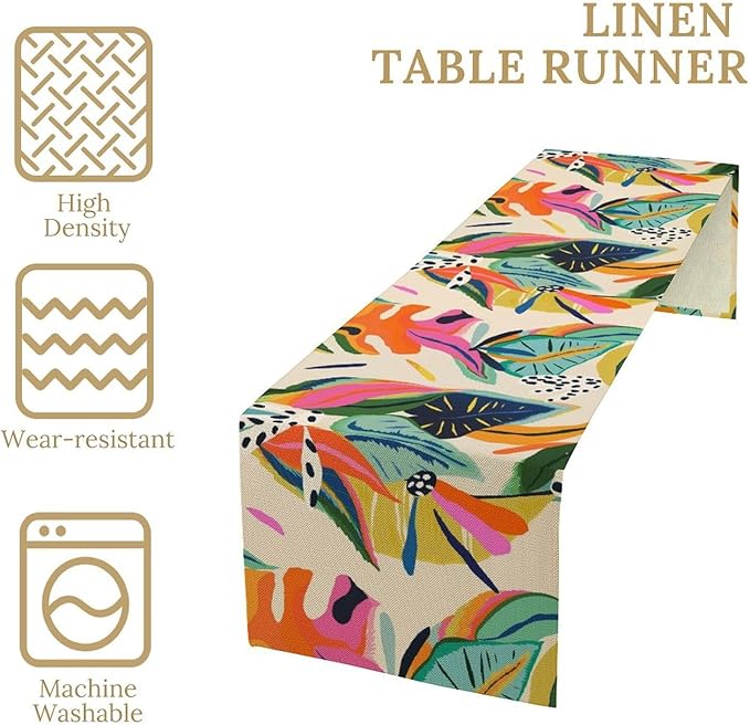 Colorful Flower Table Runner,Abstract Flower Blossom Botanical Pattern Print Tablecloth Burlap for Hotel Indoors Outdoor Dining Room Kitchen Table Decor, 13x70in