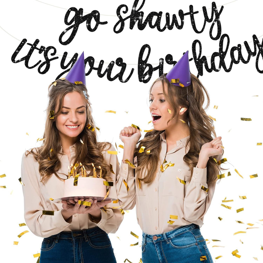 BEISHIDA Go Shawty It's Your Birthday Banner NO DIY Hip Hop Theme Happy Birthday Banner Pre-Strung Rap Theme Happy Birthday Sign for Man Women birthday Party Supply Glitter Black