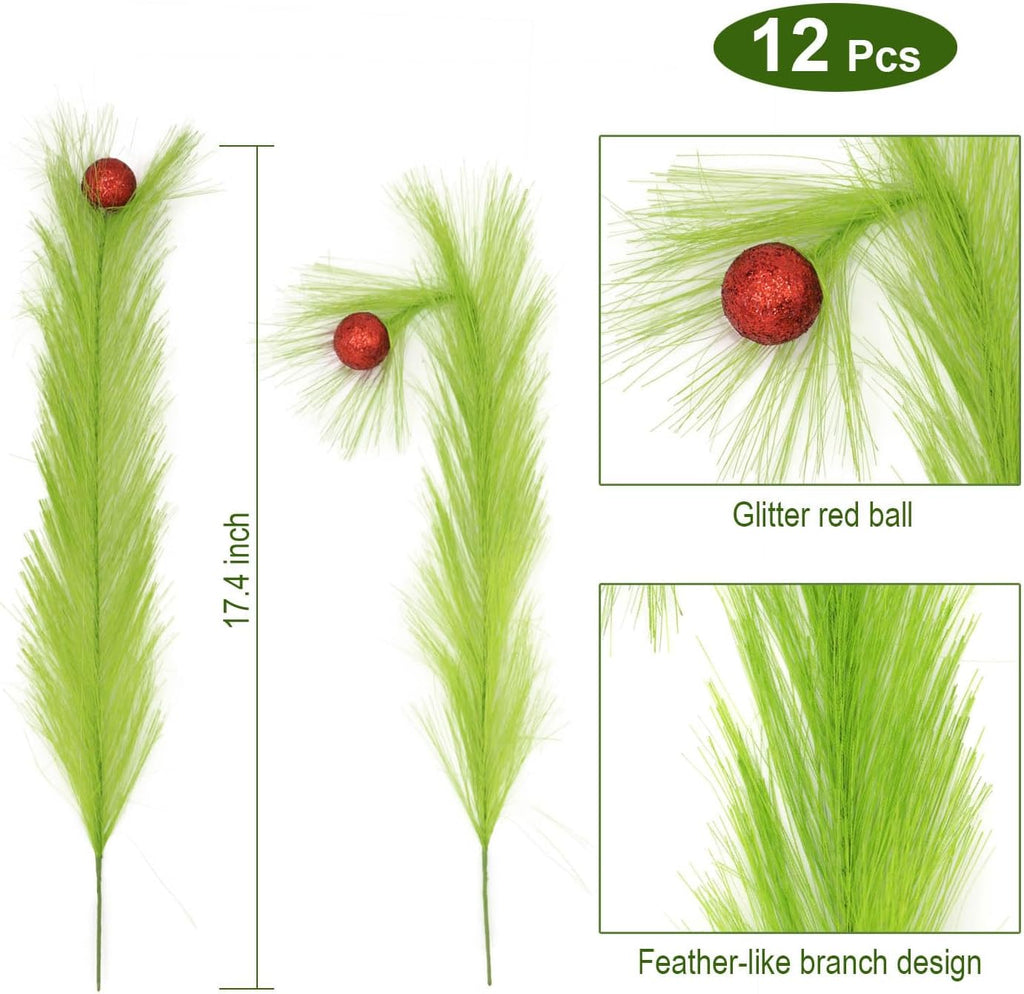 KLEWEE 12 Pcs Christmas Tree Topper 17.4'' Green Christmas Tree Picks and Sprays with Glitter Red Ball Christmas Stems Ornaments for Christmas Tree Decorations Wreath Crafts Vase Filler Decor