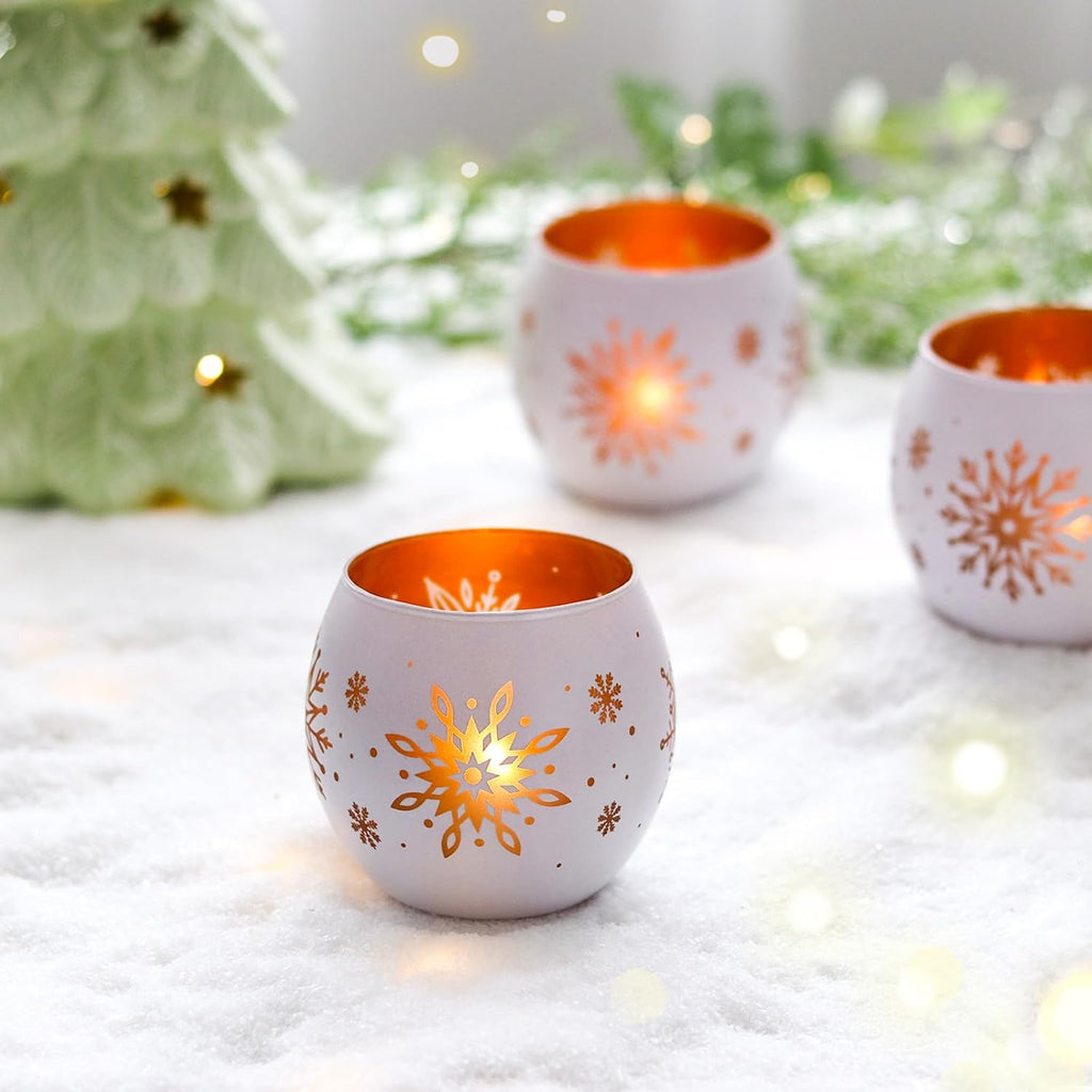 Snowflake Christmas Candle Holders Set of 4, Gold & White Glass Tealight Votive Holders for Winter Decor, Xmas Table Centerpieces, Indoor Christmas Decorations, Ideal