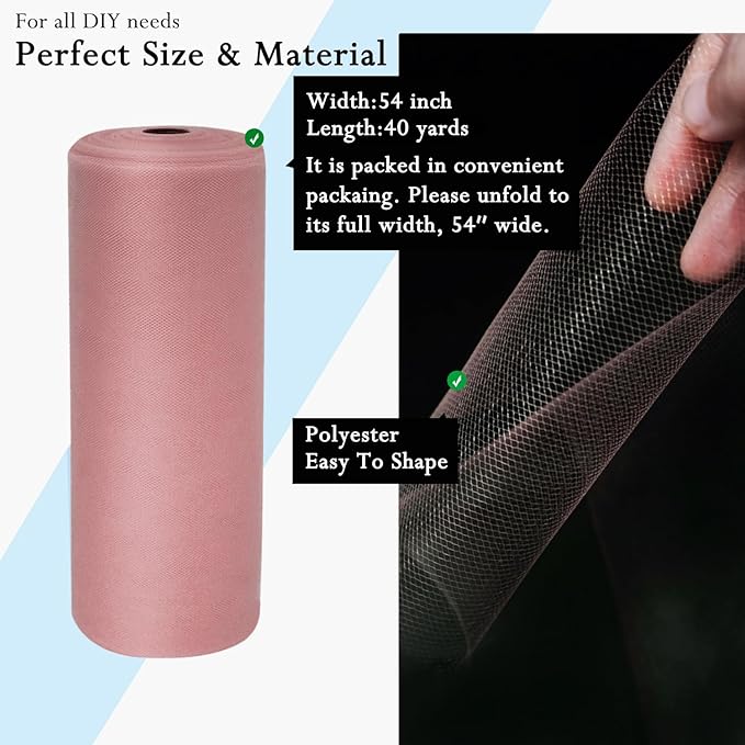 Dusty Rose Tulle Fabric Rolls 54 Inch by 40 Yards Tulle Bolt Spool for Wedding Decorations DIY Tutu Baby Shower Table Skirt Ceiling Decor Birthday Party Craft Supplies