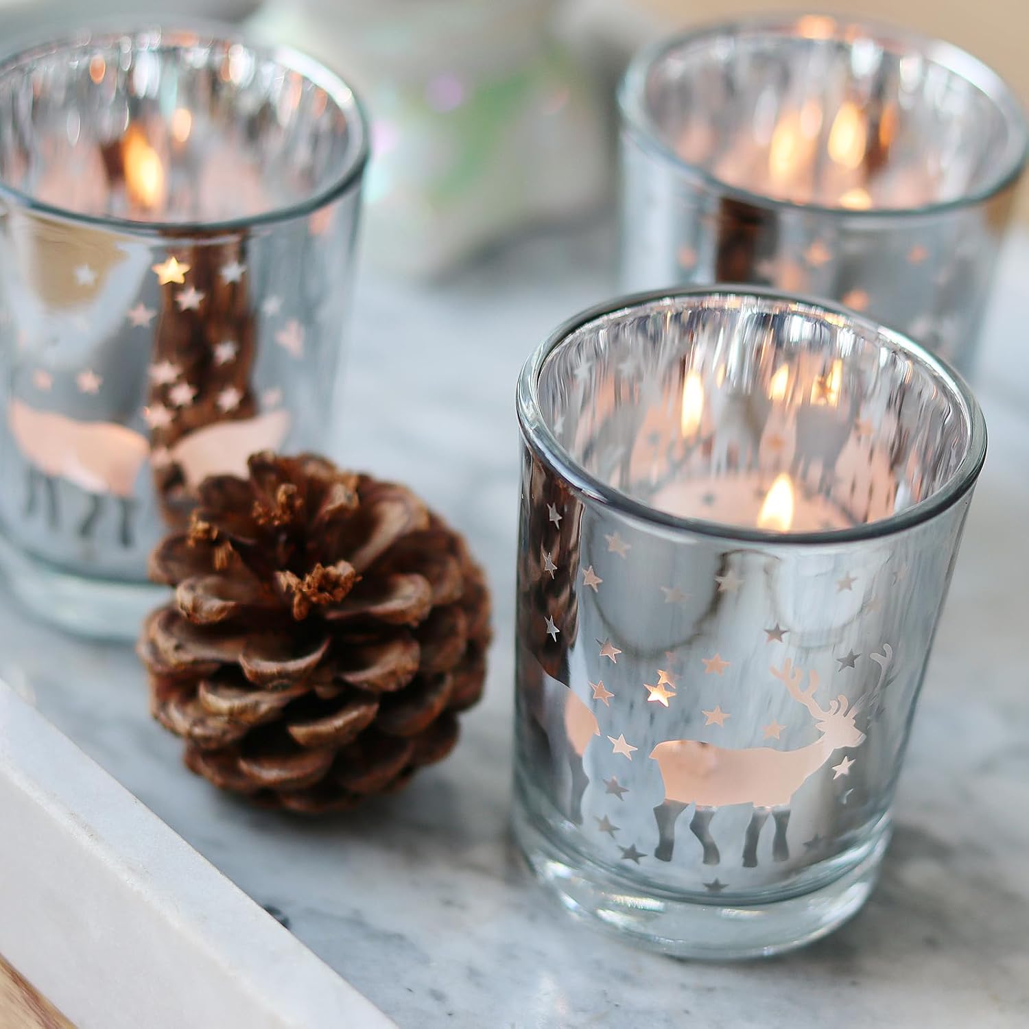 Silver Votive Tealight Candle Holders 12PCS Christmas Candle Holders with Carved Reindeer for Xmas Table Centerpiece Decoration