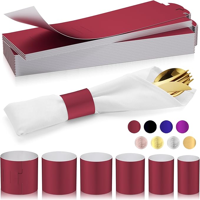Polymer Material Reusable Napkin Band, Glue-Free Tear-Proof Water Resistant Oil-Proof Napkin Bands Set of 200(Front Burgundy Color and Back White), 6 Adjustable Sizes Napkin Rings