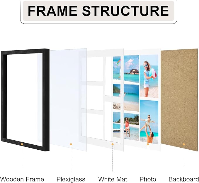 Vittanly 11x14 Collage Picture Frame, Displays 5Pcs 4x6 Pictures with Mat, Picture Frames Collage Wall Decor, Black, 1 Pack