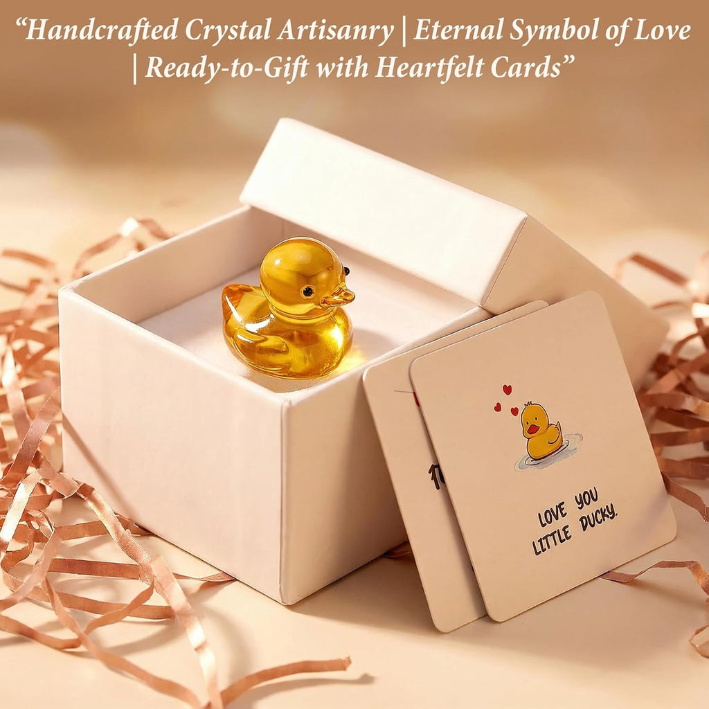 Mini Yellow Glass Ducky Figurine 3D Crystal | Keepsake Animal Ornament with Gift Box Greeting Cards for Her Mom Daughter Valentine Birthday Home Desk Decor
