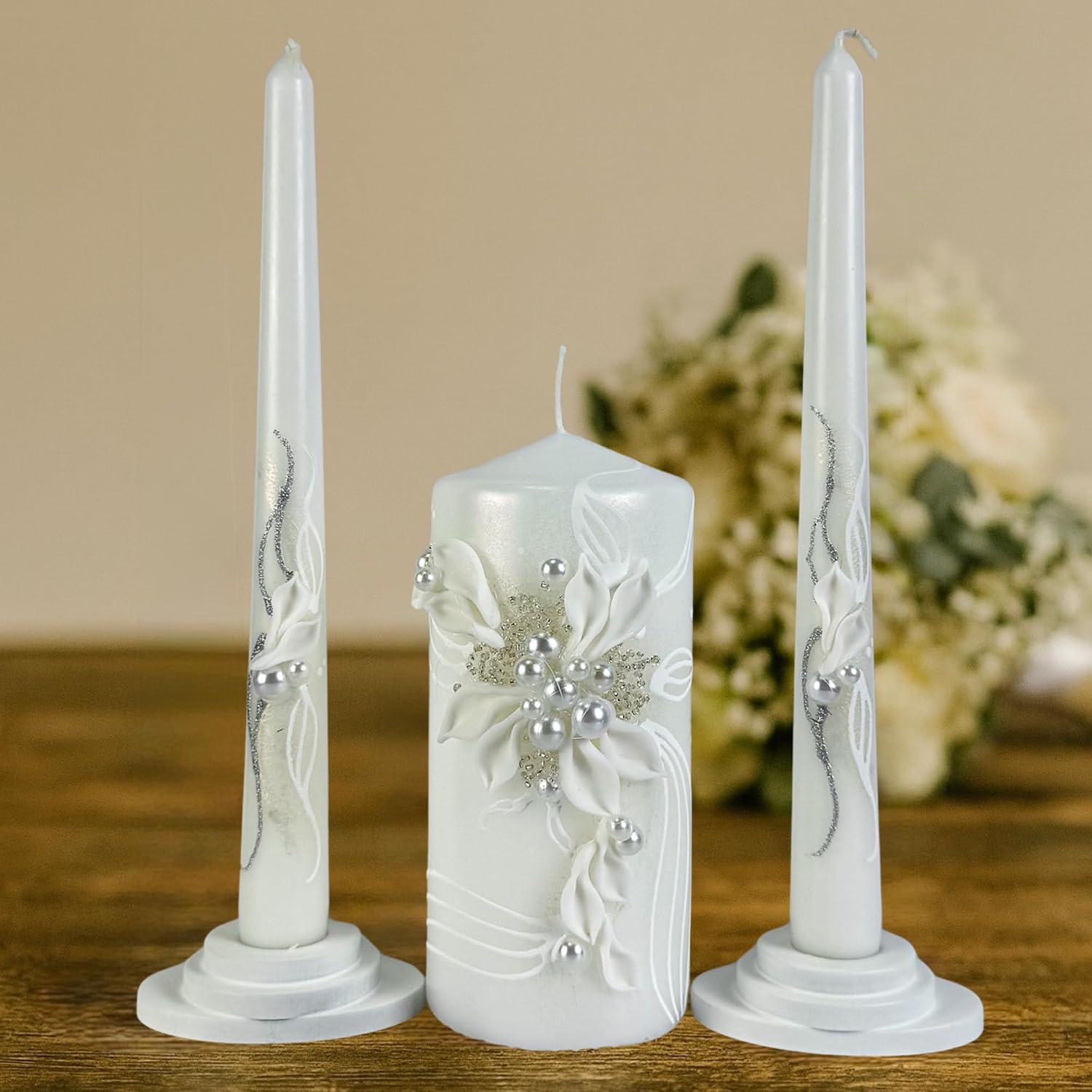 Unity Candle Set - Wedding Ceremony & Reception – 6” Pillar & Two 10” Taper Candles – Long Burning Unity Candles for Marriage Ritual – Handmade in USA – Royal White