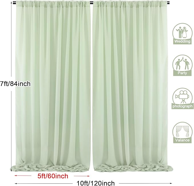 PARTISKY 10x7ft Sage Green Chiffon Backdrop Curtains, Wrinkle-Free Sheer Fabric Photo Drapes for Wedding Ceremony Arch Birthday Baby Shower Photography Stage Decor 5x7ft, 2 Panel