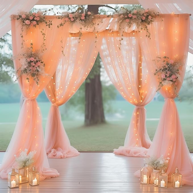 30×10ft Peach Tulle Backdrop Curtain with Lights String for Parties, Sheer Curtain Backdrop Drapes for Wedding Party Home Decorations
