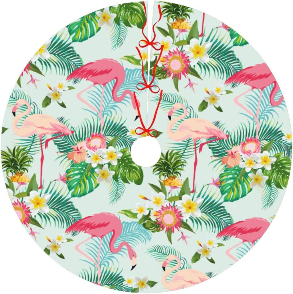 Flamingo Christmas Tree Skirt for Xmas Holiday Party Supplies Large Tree Mat Decor, Tropical Summer Pink Flamingo Palm Leaves Flowers Ornaments 30"