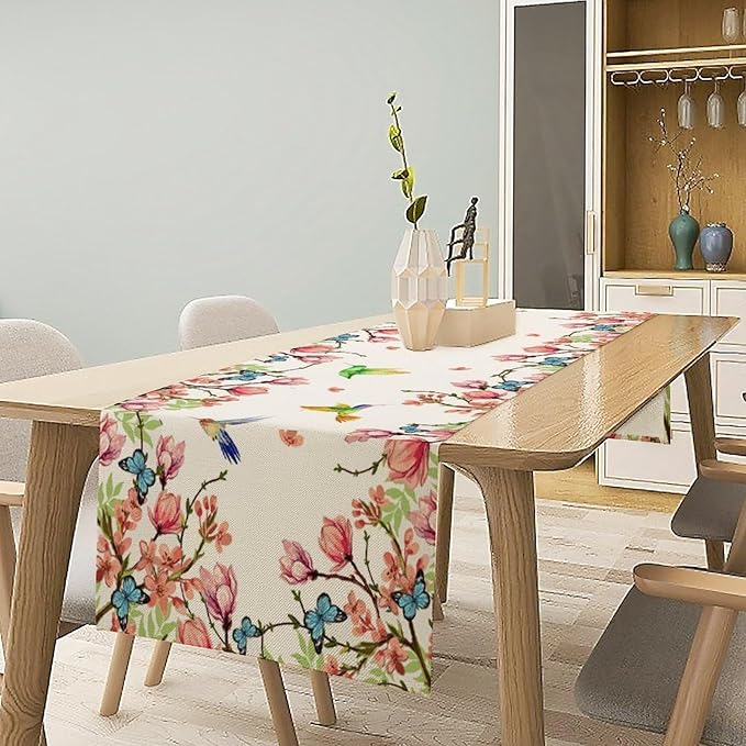 Vintage Watercolor Flower Hummingbird Table Runner Seasonal Spring Garden Plants Birds Florals Farmhouse Country Kitchen Dinner Runner Dining Table Decoration 13"x60"