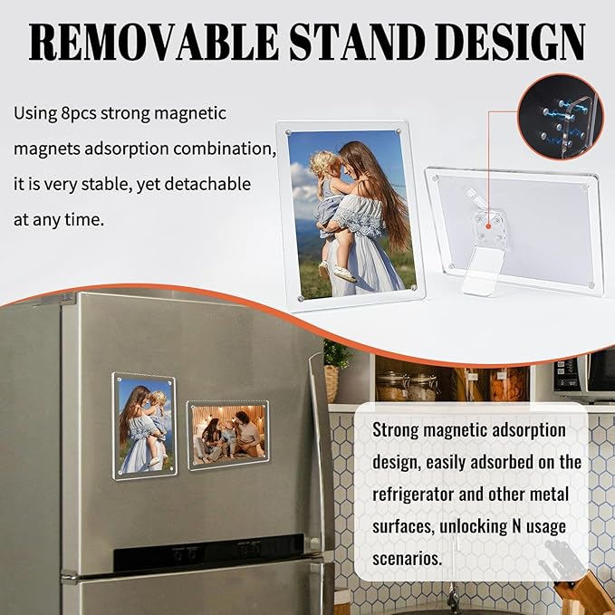 Acrylic Magnetic Picture Frames 4x6 Inch Set of 3, Tabletop and Refrigerator Display Vertical and Horizontal Clear Photo Frames with Detachable Stand for Gift Home Kitchen Decoration