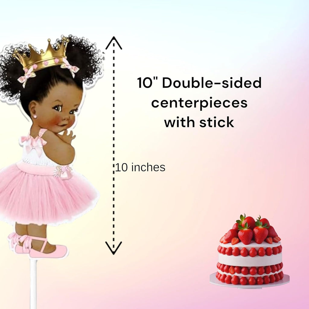 Little Princess Centerpieces Baby Shower Table Decoration 10 inches Pink Gold African American Black Royal Birthday Cake Topper (4)