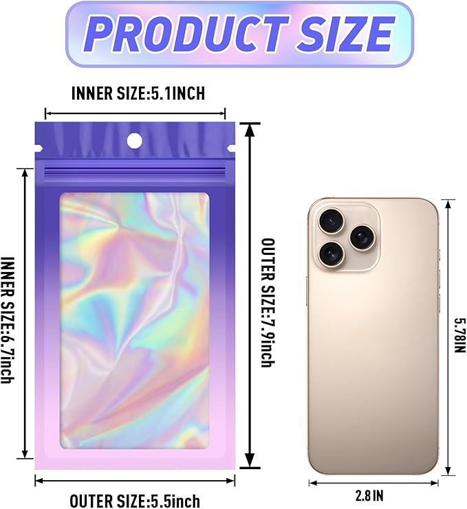 Funfery 100 Pack Gradient Holographic Bags,Mylar Resealable Bag with Zipper,Clear Window Packaging Pouchs, Smell Proof Foil Bag for Food Storage,Sample Jewelry Baggies(5.5x7.9In,Purple Pink)