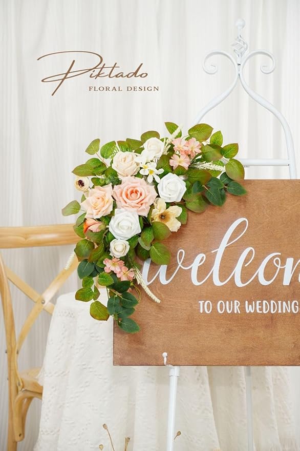 Wedding decor (pack of 2) Welcome Sign Flower Backdrop Garland For Ceremony Reception Wall Easel Home Decoration Entryway Faux Outdoor Board Head Table Decor (Flesh Pink & White)