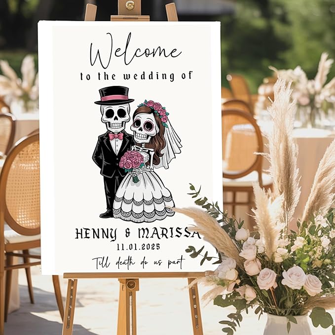 Personalized Halloween Wedding Welcome Sign for Bride & Groom, Customized Funny Welcome to The Weddings Board for Ceremony, Canvas Poster Decorations Decor for Reception, Bridal