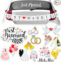 16 Pcs Just Married Car Decorations Include 14 Assorted Ornate Car Magnets Just Married Window Decal and Cardstock Sign Banner Wedding Decorations for Bridal Shower Honeymoon Photo Props
