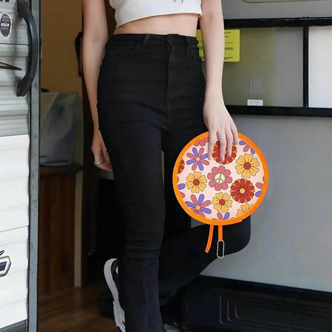 4 Styles Retro Hippie Round Foldable Hand Fan Japanese Foldable Fan Style Handheld Compact Cooling Fans,Round Folding Fan for Outdoor Games,Xmas Decoration,Festival,Party Favors,Travel,Events