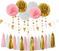 Pink-White Gold Girl Birthday Party-Decorations - 23pcs Kits Tissue Paper Pom Poms Streamers,Princess Banner Flags,Bachelorette Baby Bridal Shower Engagement Decoration Tassel Garland Lasting Surprise