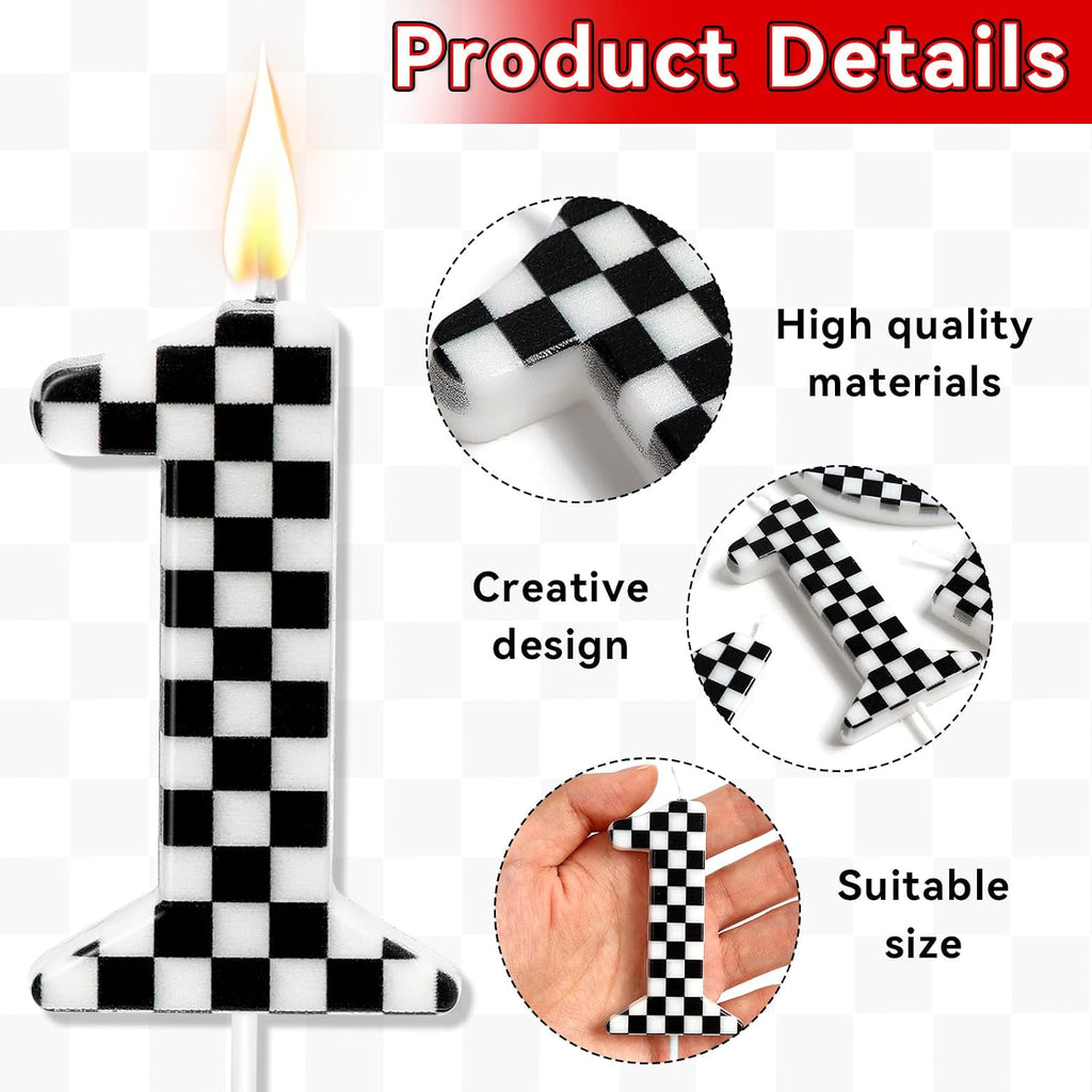 Racing Car Themed Birthday Candles, Number 1 Checkered Candles, Black & White Checkered Cake Topper, Cool Racing Themed Party Supplies, Special Candle