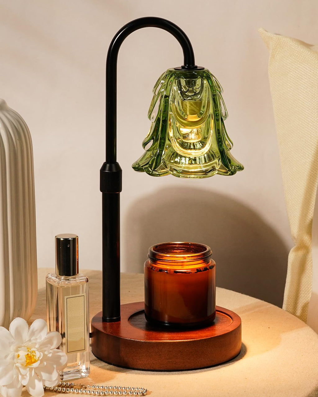 Small Candle Warmer Lamp with Timer, Adjustable Green Lamp Warmer for Jar Candles, Christmas Birthday Gifts for Women Mom Her, Unique Dimmable Candle Heater, Cute Wax Warming Light with Wood Base | Wax Melt Warmer, Flameless Design