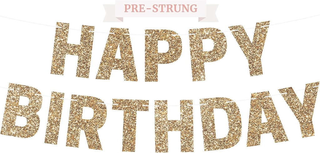Pre-Strung Happy Birthday Banner - Gold Glitter Birthday Party Banner | No DIY - Pre-Strung on 8 ft Strands - Gold Glitter Bday Party Decorations & Decor for Men & Women