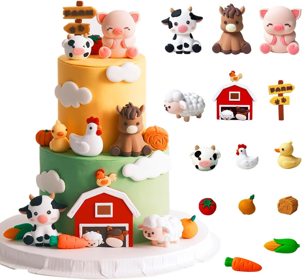 Farm Animal Cake Toppers 15PCS Animal Cake Toppers Include Cute Cow,Chicken,Horse,Pig,sheep,Farm Birthday Decorations.