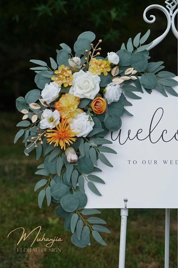 Wedding Sign Faux Flower Swag (Pack of 2) for Ceremony Party Reception Entrance Floral Decor Wall Easel Stand for Wedding Poster Welcome Sign (Bright Yellow)