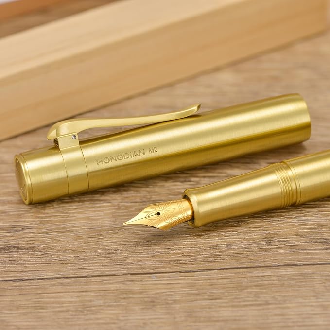 Hongdian M2 Black Forest Mini Fountain Pen, Long Blade Nib & Sleek Shape Brass Short Pocket Travel Pen (Glossy Brass)