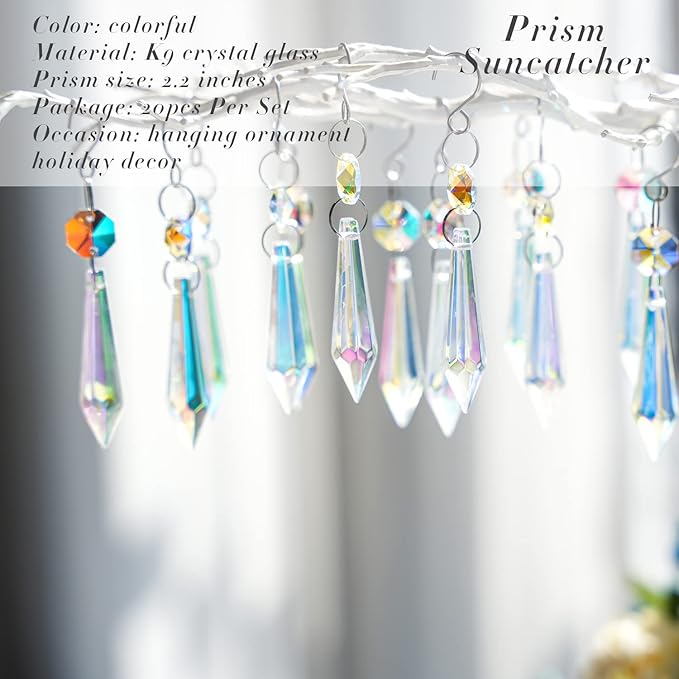 20PCS Chandelier Icicle Crystal Prisms Suncatcher,55mm Chandelier Crystals Replacement, AB Colors Crystals for Chandeliers with Hooks for Windows Wedding Lamp Decoration