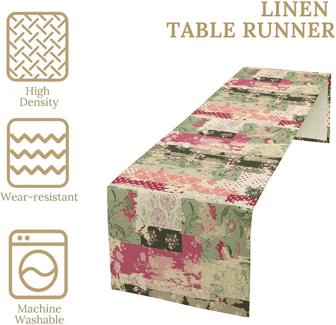 Patchwork Flower Table Runner,Abstract Colorful Floral Retro Style Hand Drawn Tablecloth Burlap for Hotel Indoors Outdoor Dining Room Kitchen Home Decor,W13X L90 in