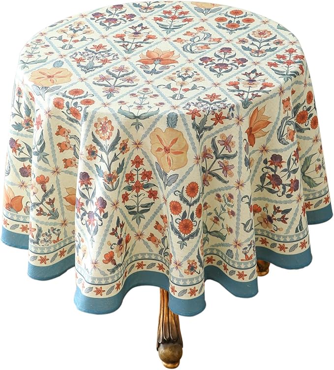 ISAENNE Designer Linen Elegant Round Tablecloth,Colorful Floral Bohemian Table Cloth,Wrinkle Resistant Decor Tablecloths for Dining Thanksgiving Kitchen Christmas,Diameter 67"-Floralsea A