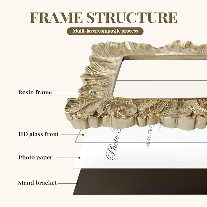 Cuspin Gold 5x7 Picture Frame, Vintage Gold Palm Leaves Textured Hand-Crafted Resin with Glass Front Elegant Retro Vintage Design Photo Frame for Wall and Tabletop Display Home Decor