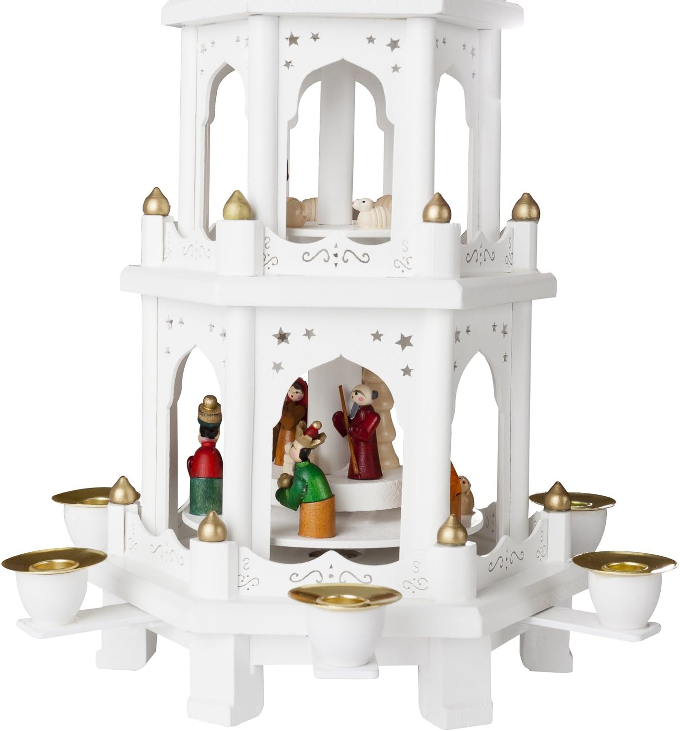 BRUBAKER Christmas Pyramid - 18 Inches - White - Wooden Nativity Play - 3 Tier Carousel with 6 Candle Holders - Designed in Germany