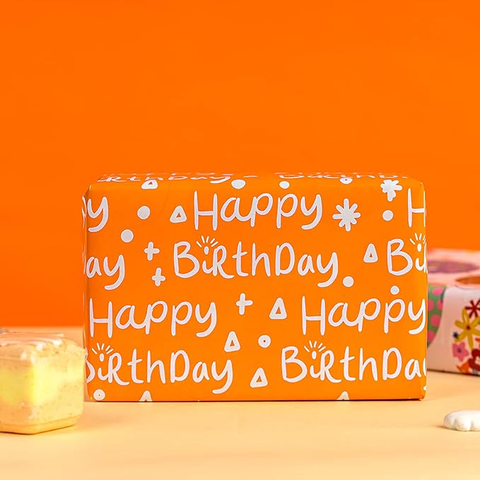 LeZakaa Reversible Birthday Wrapping Paper Roll for Girls Women, Happy Birthday Lettering, Orange Flower Balloon Design, Mini Roll, 17 inches x 32.8 Feet (46.45 sq.ft.)