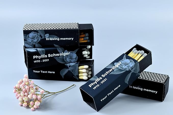 Customizable Funeral Matchboxes – Set of 10 – Memorial Design – Colorful Matchsticks – Perfect for Funeral Services & Remembrance (2" Matchsticks, Remembrance #1)