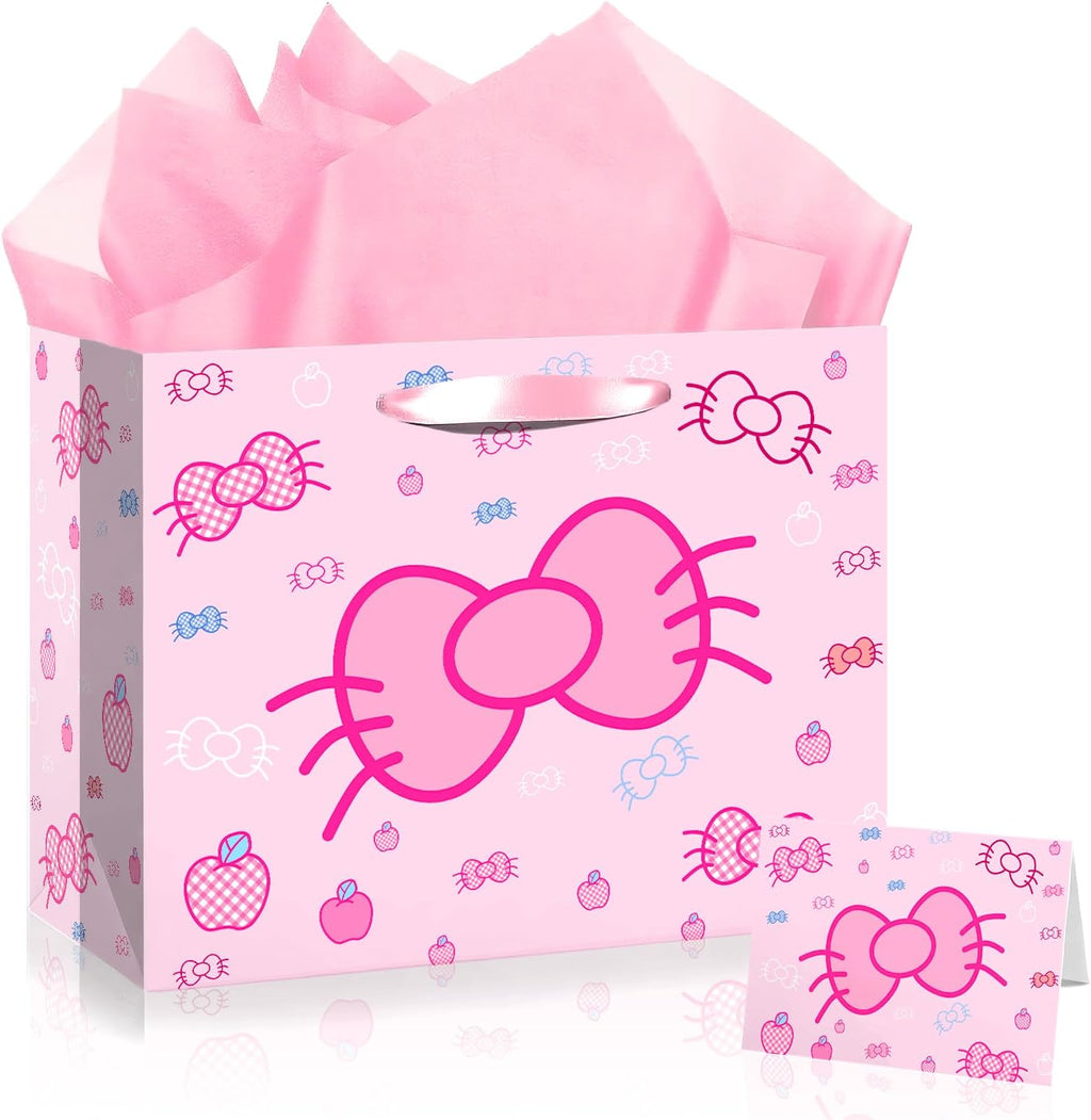 Cut-Nic 12" Pink Bow Gift Bag for Girl, Cartoon Birthday Gift Bag with Cute Greeting Card and Tissue Paper for Birthday, Wedding, Bridal Shower, Baby Shower Party Supplies