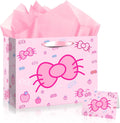 Cut-Nic 12" Pink Bow Gift Bag for Girl, Cartoon Birthday Gift Bag with Cute Greeting Card and Tissue Paper for Birthday, Wedding, Bridal Shower, Baby Shower Party Supplies
