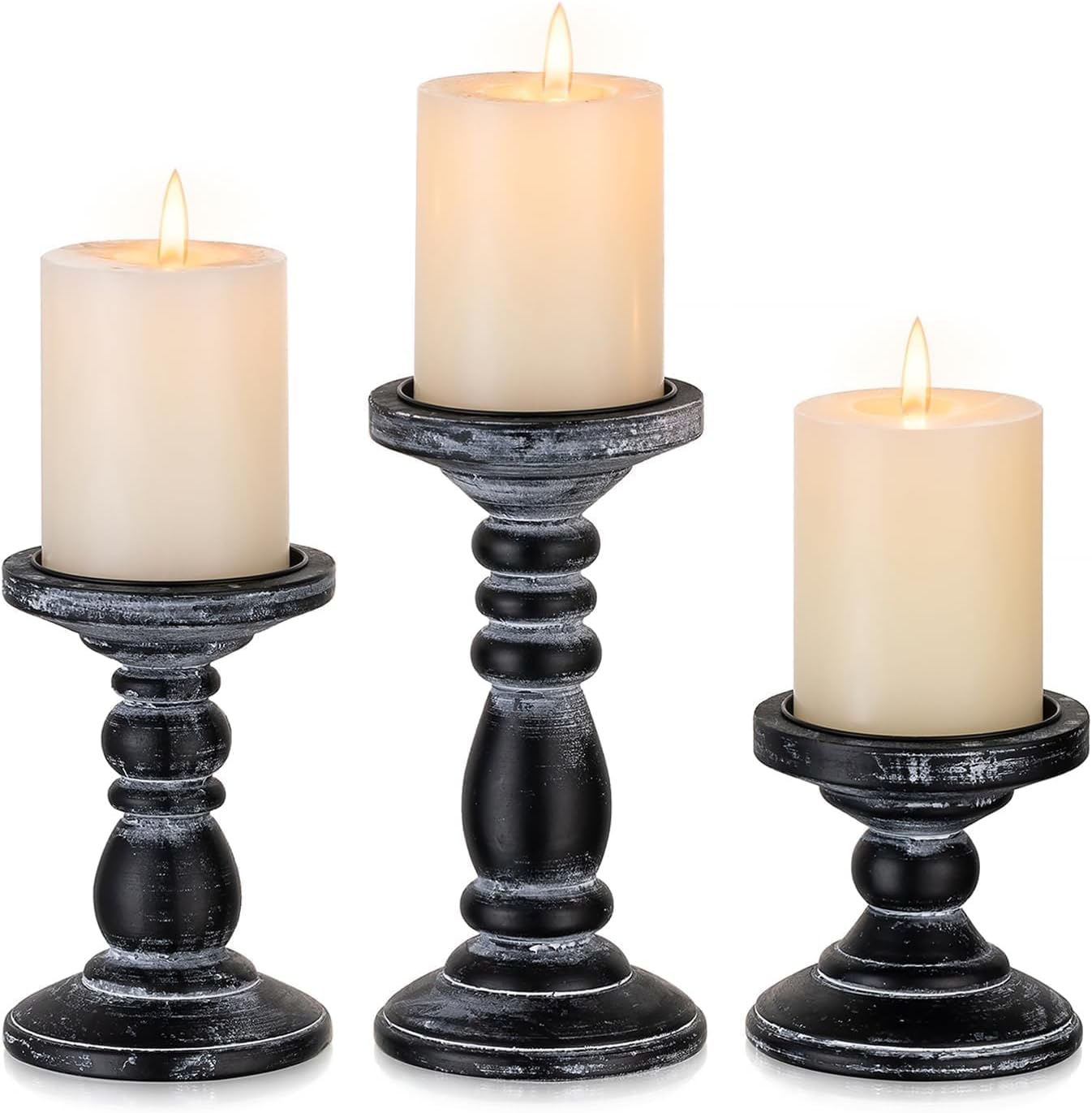 Wood Pillar Candle Holder: 3Pcs Rustic Black Candle Holders for Pillar Candles Wood Candle Holders Distressed Wooden Farmhouse Candle Holder Large Rustic Candle Holder for Fireplace Table
