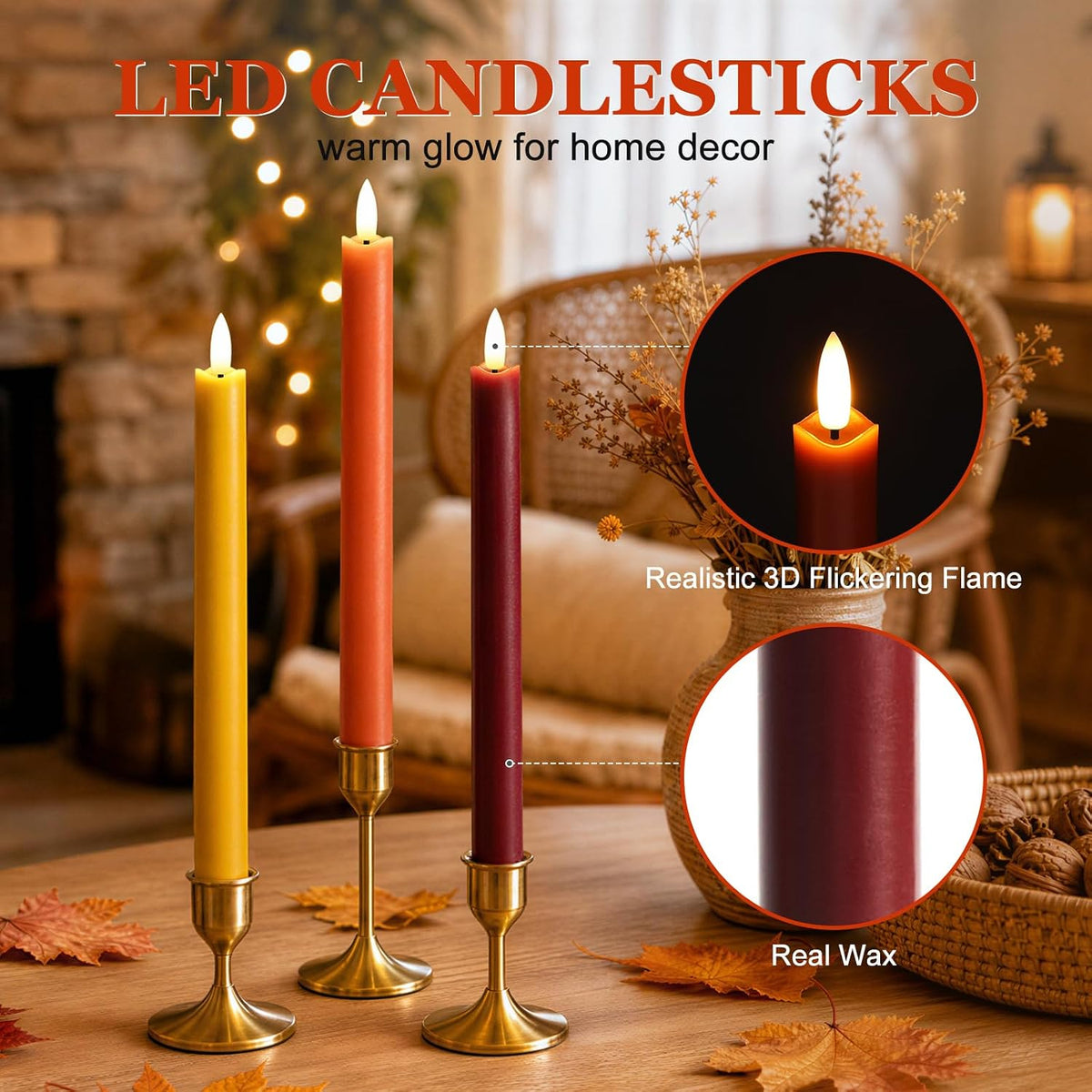 Fall Decorations for Home, Fall Decor, Flameless Taper Candles, Set of 6